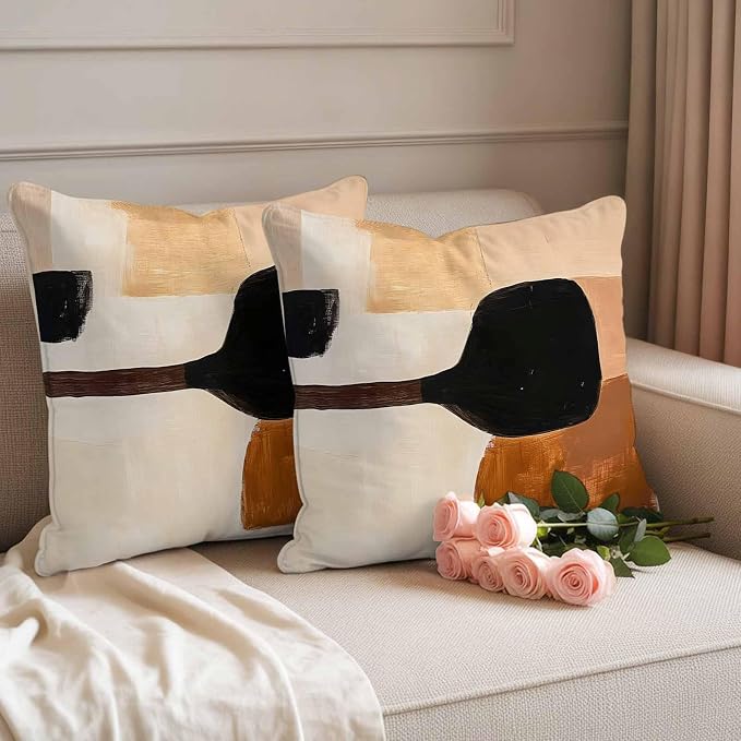 Beige Black Outdoor Waterproof Throw Pillow Covers Set of 2, 18"x18", Brown Abstract Art Graffiti Color Block Modern Decorative Pillow Covers Outside Cushion Case for Patio Porch Garden
