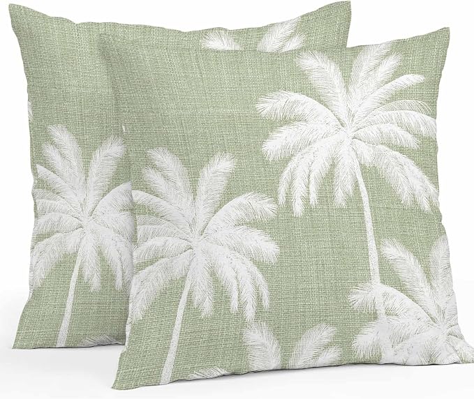 Outdoor Pillow Covers 26x26 Inch Set of 2, Sage Green Palm Trees Waterproof Throw Pillow Covers, Farmhouse Tropical Summer Beach Decorative Cushion Pillowcases for Couch, Sofa, Bed, Garden, Patio