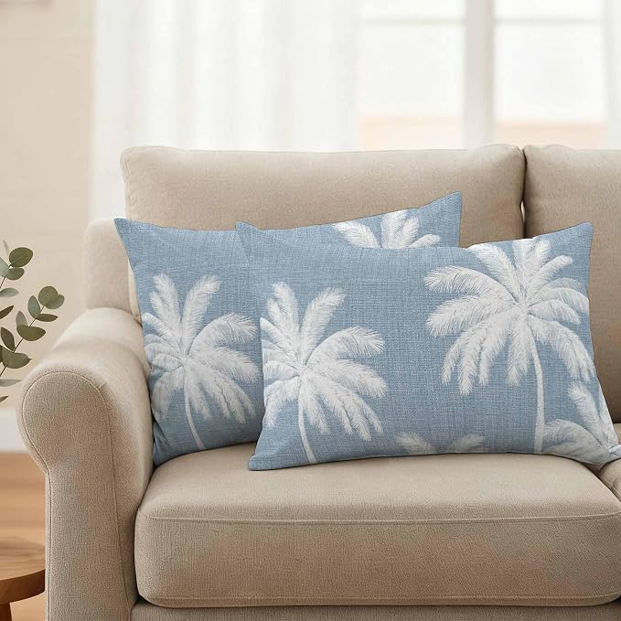 Lumbar Pillow Covers 20x12 Inch Set of 2, Light Blue Palm Trees Waterproof Outdoor Pillow Covers, Farmhouse Tropical Summer Beach Decorative Cushion Pillowcases for Couch, Sofa, Bed, Garden, Patio