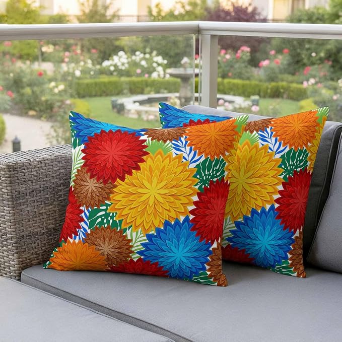 Red Yellow Blue Flowers Outdoor Pillow Covers Waterproof, All Weather Cushion Case Set of 2, Boho Colorful Floral Plant Decorative Pillowcases for Sofa Couch Bed Decor Patio Furniture 18"x18"