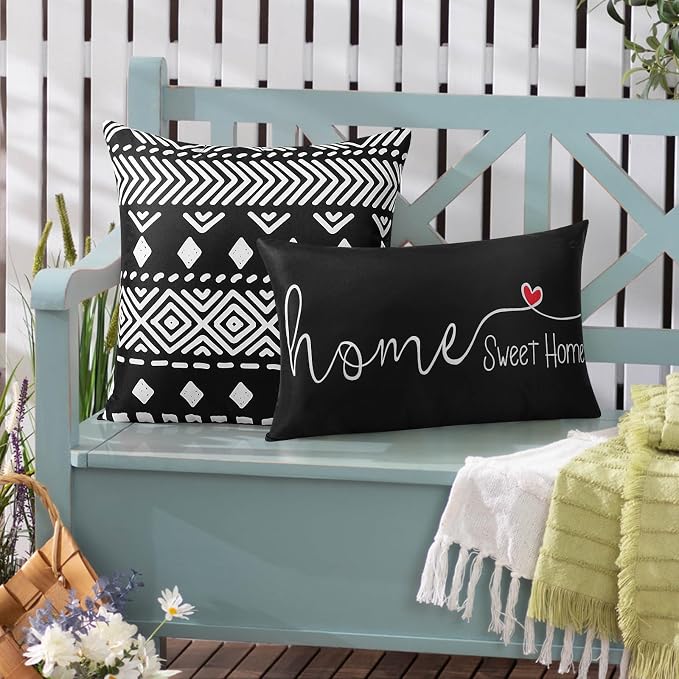 Adabana Outdoor Waterproof Pillow Covers 18x18 Set of 2 Black Boho Design | Waterproof Fabric Designed for Patio Furniture, Porch, Balcony and Garden Decor