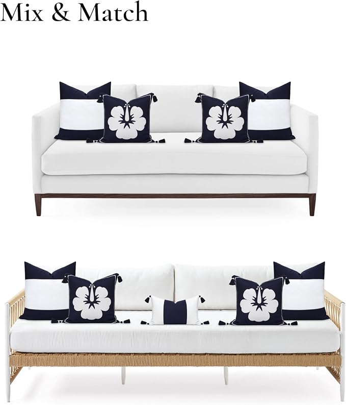Hofdeco Premium Coastal Patio Outdoor Performance Pillow Cover Only, 18"x18" Water Repellent, UV and Fade Resistant for Backyard, Couch, Dark Navy Blue Embroidered Hibiscus Floral with Tassels