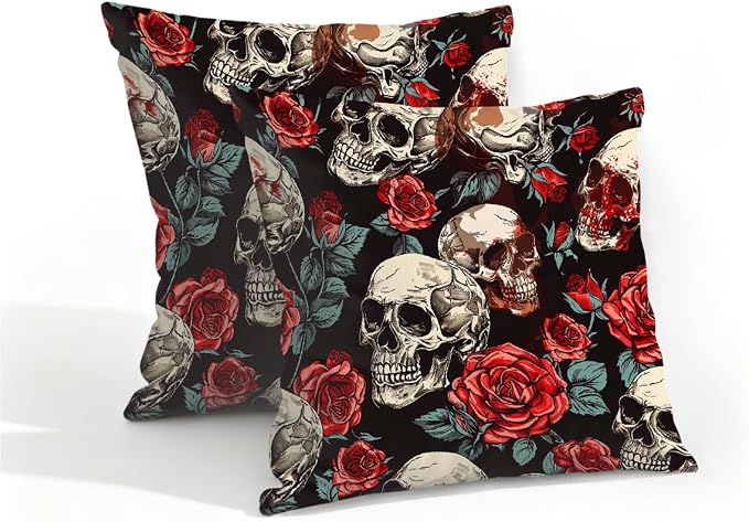 16x16 Inch Outdoor Pillow Covers Set of 2 Waterproof Throw Pillow Covers Decorative Couch Cushion Covers Floral Rose Skull Square Pillowcases Protectors for Patio Garden Sofa