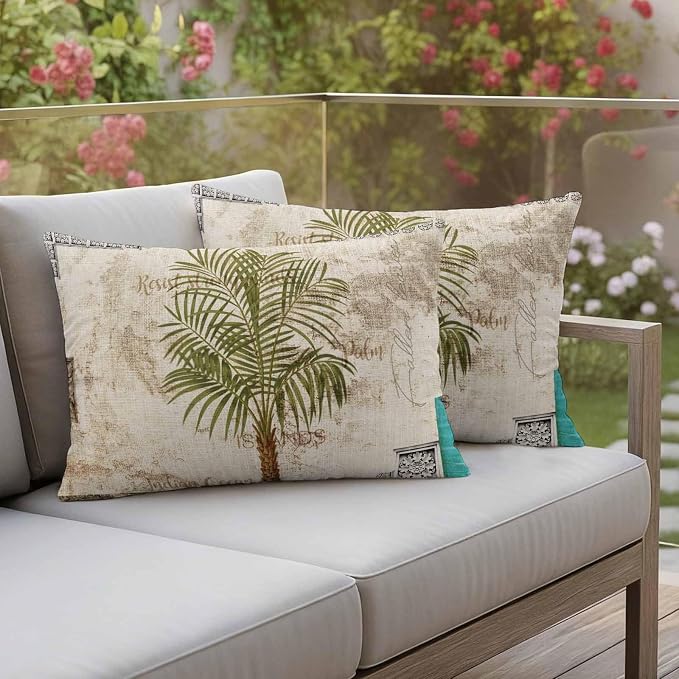 Vintage Palm Trees Waterproof Outdoor Pillow Covers 20''x12'' Set of 2, Beige Burlap Patio Furniture Summer Botanical Cushion Covers for Chairs, Decorative Tropical Pillow Cases for Garden/Pool/Beach