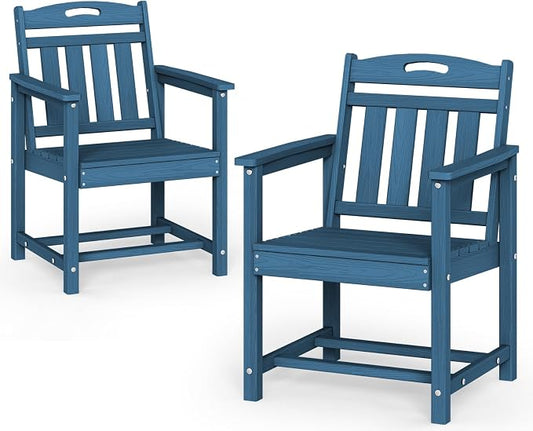 Set of 2 Weatherproof Patio Chairs - HDPE Outdoor Dining Chairs with Wide Seat, Ergonomic Design - for Garden, Backyard, Deck - Navy Blue