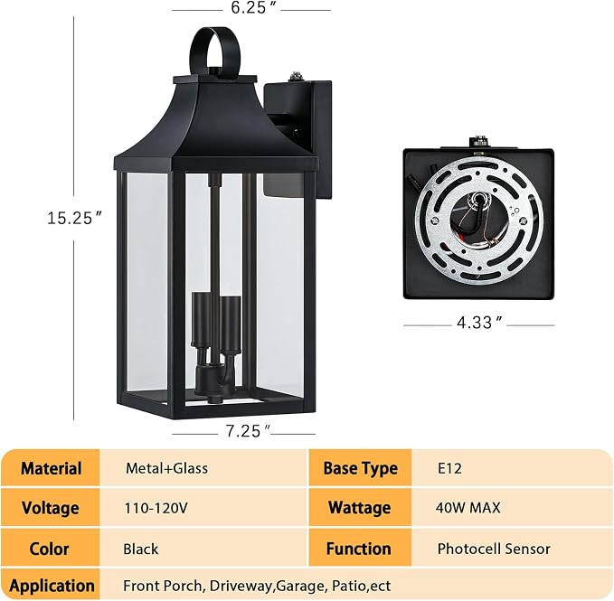 15" Dusk to Dawn Black Outdoor Wall Lantern with E12 Socket, 1 Pack | Outside Modern Wall Sconce Light Fixture, Porch Light Wall Mount, Waterproof Exterior Lamp Lighting for Patio Garage