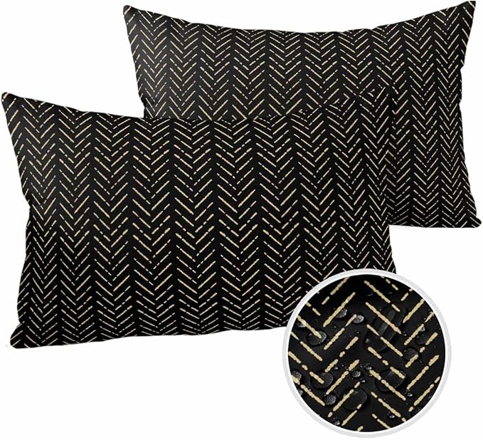 Black Gold Striped Outdoor Pillow Covers Waterproof,All Weather Cushion Case Set of 2 Lumbar Pillowcase for Sofa Couch Bed Decor Patio Furniture 20"x12" Boho Minimalist Geometric Bohemia