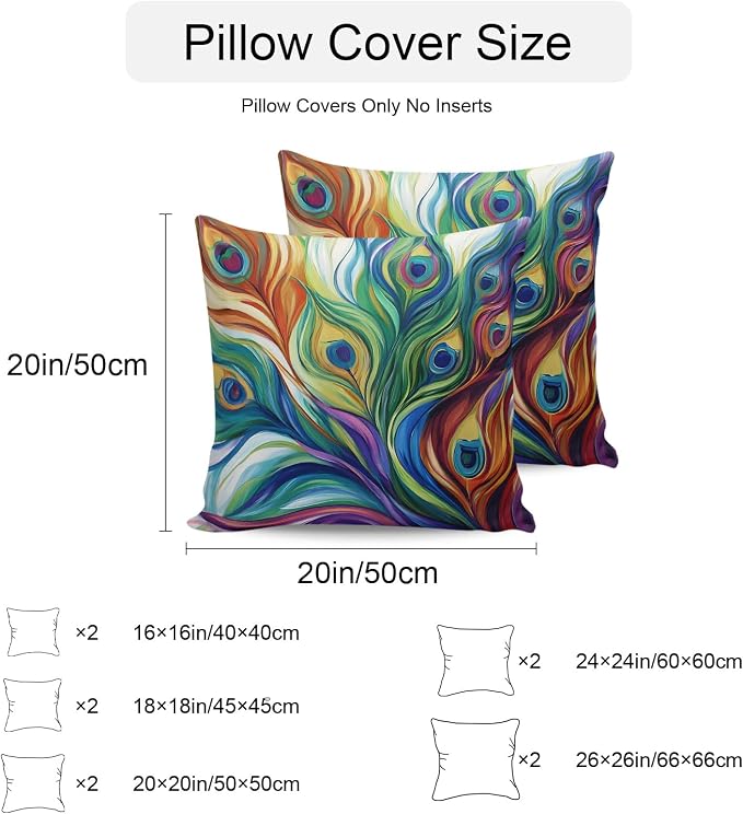Colorful Peacock Feathers Outdoor Pillow Covers 20x20 Inch Throw Pillow Covers Set of 2 Waterproof Decorative Pillow Cases Oil Painting Abstract Art Cushion Covers for Patio Furniture Garden Couch