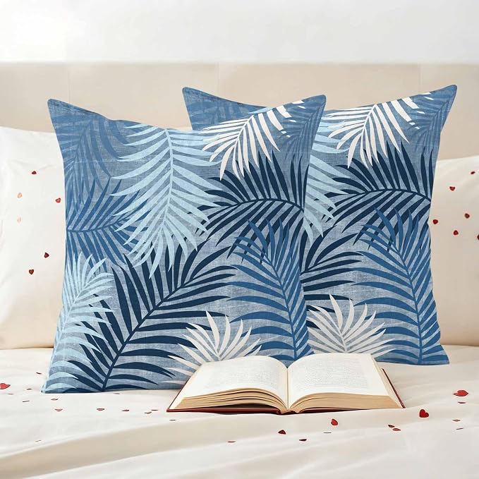 Outdoor Waterproof Throw Pillow Covers, Navy Blue Palm Leaves Decorative Pillow Cases, Summer Botanical Tropical Leaf Couch Pillow Protector Patio Sofa Cushion Covers Replacement 20"x20" 2 Pack