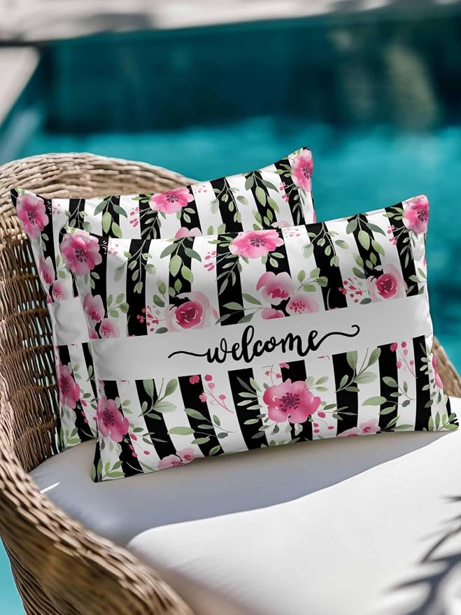 Outdoor Waterproof Throw Pillows Welcome Words Pink Flowers Patio Pillows,Decorative Pillow Covers with Insert,Pillow Cushion Case for Garden Couch Sofa Country Black Line