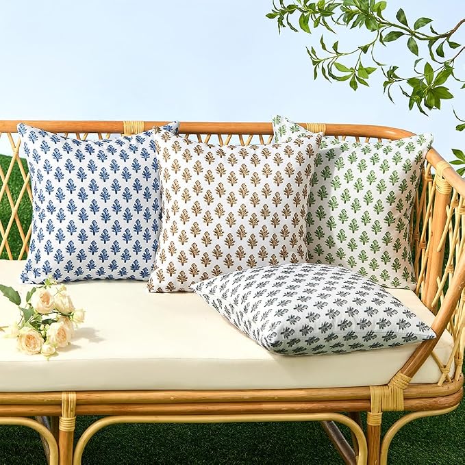 Outdoor Pillow Covers 18x18 Set of 2 Boho Navy Bule Floral Accent Print Decorative Throw Pillow Cases for Outdoor Waterproof Patio Furniture Garden Porch Sofa Bed Cushion Covers Home Decor JB005-E18
