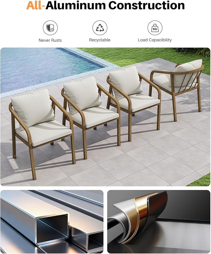 Outdoor Dining Chairs Set of 4, Never-Rust Aluminum Patio Dining Chairs with Removable Cushion, Ergonomic Patio Chairs with Wraparound Seating Design for Deck, Lawn, Commercial, Garden, Teak