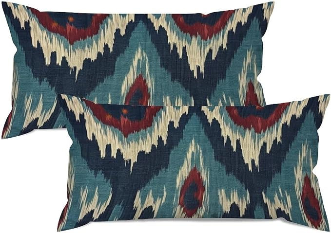 Zipped Pillow Cases for Home Decor Blue Green Red Cream Ikat Pattern Throw Pillow Cover Set of 2 Farmhouse Cushion Cover Cases for Living Room Club Home Decor 12x24in