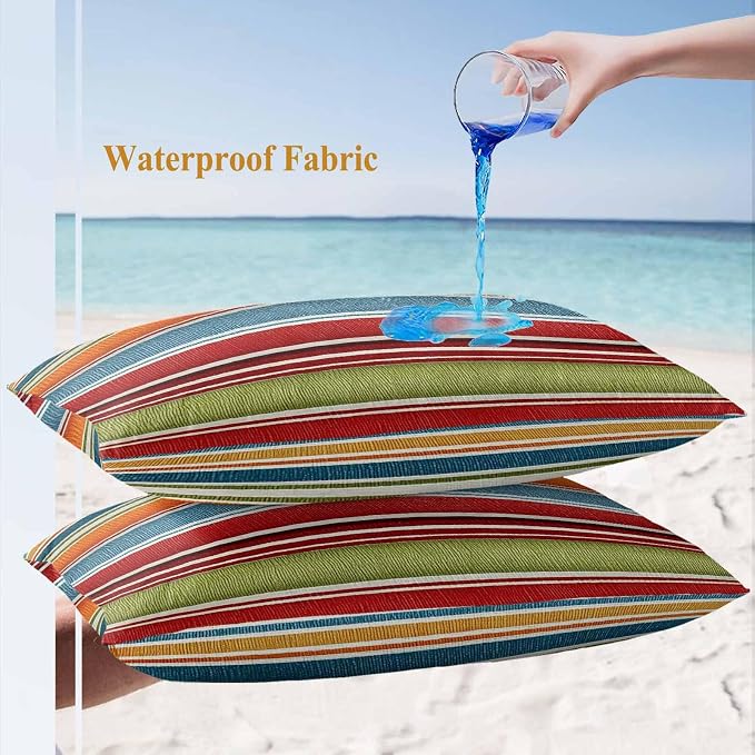 Yukro Color Striped Outdoor Waterproof Pillow Covers Pack of 2, Orange Blue Red Green Stripes Abstract Modern Throw Pillowcases Decorative Cushion Covers for Garden Patio Tent Sofa Couch, 20x12 inch