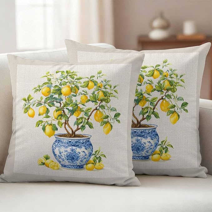 Summer Lemons Outdoor Pillow Covers 18x18 Inch Throw Pillow Covers Set of 2 Waterproof Decorative Pillow Cases Brown Beige Farmhouse Botanical Linen Cushion Covers for Patio Furniture Garden Couch