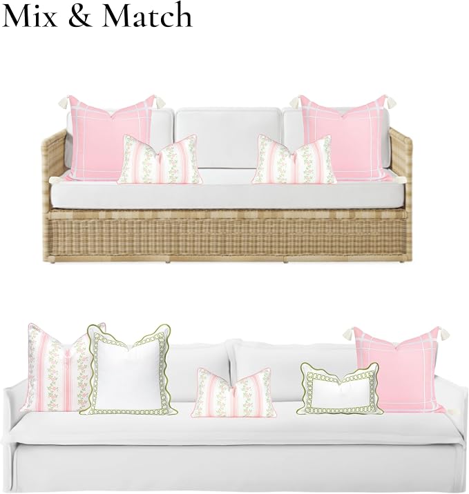 Hofdeco Premium Coastal Patio Indoor Outdoor Lumbar Pillow Cover Only, 12"x20" Water Repellent for Backyard, Couch, Blush Pink Print Stripe Floral