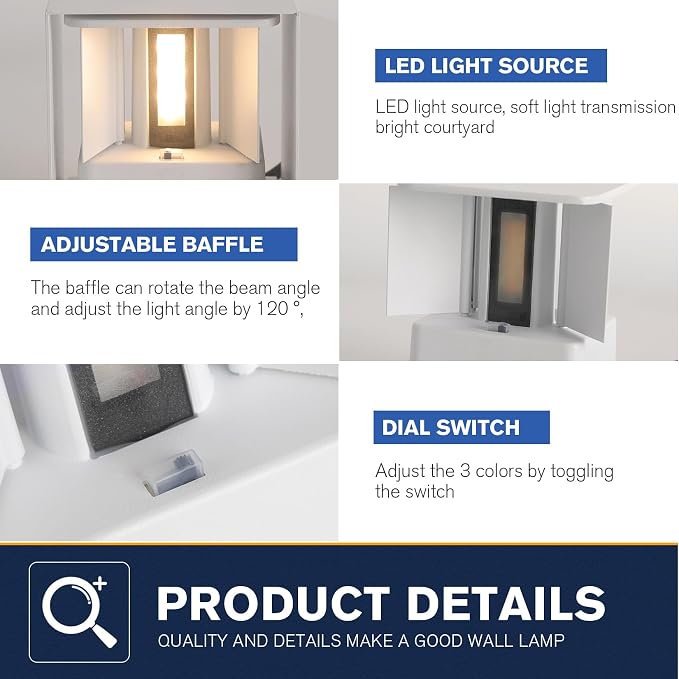2 Pack LED Outdoor Wall Lights Exterior/Interior 3 Colors Adjustable 15W Wall Light Fixture IP65 Waterproof Porch Exterior Wall Sconce Modern Outdoor Lighting Square Aluminum White Up and Down Lights