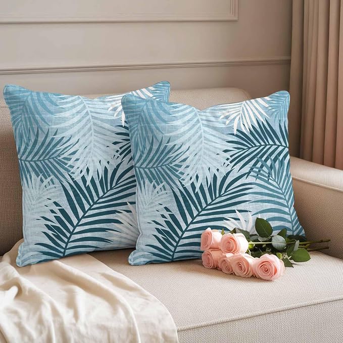 Outdoor Waterproof Throw Pillow Covers, Blue Teal Palm Leaves Decorative Pillow Cases, Summer Botanical Tropical Leaf Couch Pillow Protector Patio Sofa Cushion Covers Replacement 20"x20" 2 Pack
