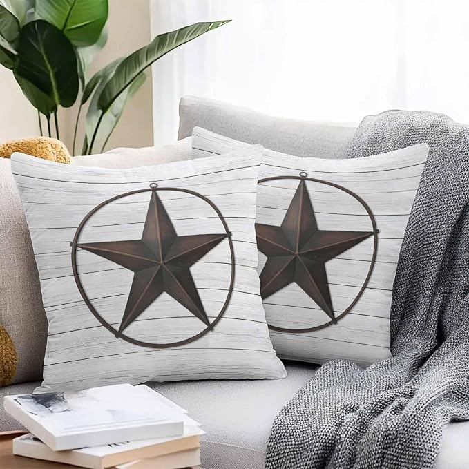 Outdoor Waterproof Pillow Covers for Patio Furniture Western Texas Barn Stars Decorative Throw Pillow Cover Rustic Wooden Pillowcases Set of 2 Cushion Case for Sofa Couch Chair Home Decor 16 x 16 Inch