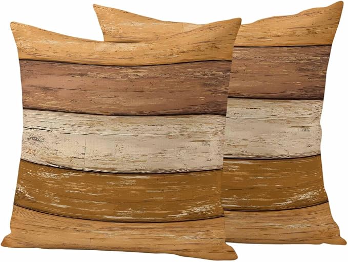 Farmhouse Yellow Brown Outdoor Waterproof Pillow Covers, Vintage Wooden Striped Decorative Square Throw Pillowcase Sofa Cushion Sham for Patio/Couch/Chair, 18"x18" 2 Pack