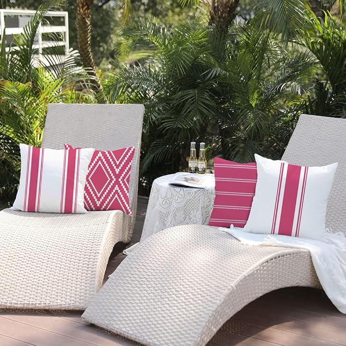 DFXSZ Outdoor Hot Pink Waterproof Geometry Pillow Covers 18x18 Set of 4 | Summer Waterproof Modern Throw Pillowcases（No Inserts） Outdoor Decor for valentines Patio Funiture Garden Polyester Covers
