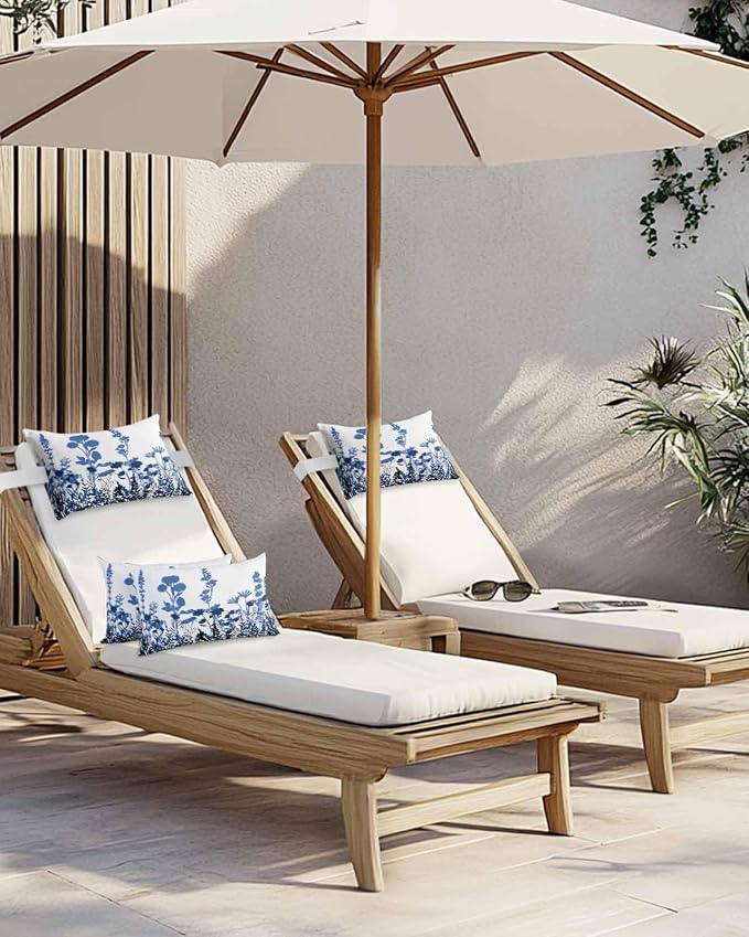 Outdoor Lumbar Cushions with Inserts, Classic Navy Blue Gradient Black Flower Silhouette Waterproof Fluffy Fade Body Pillows, Patio Furniture Pillow for Home Balcony Garden Decor 12x20IN