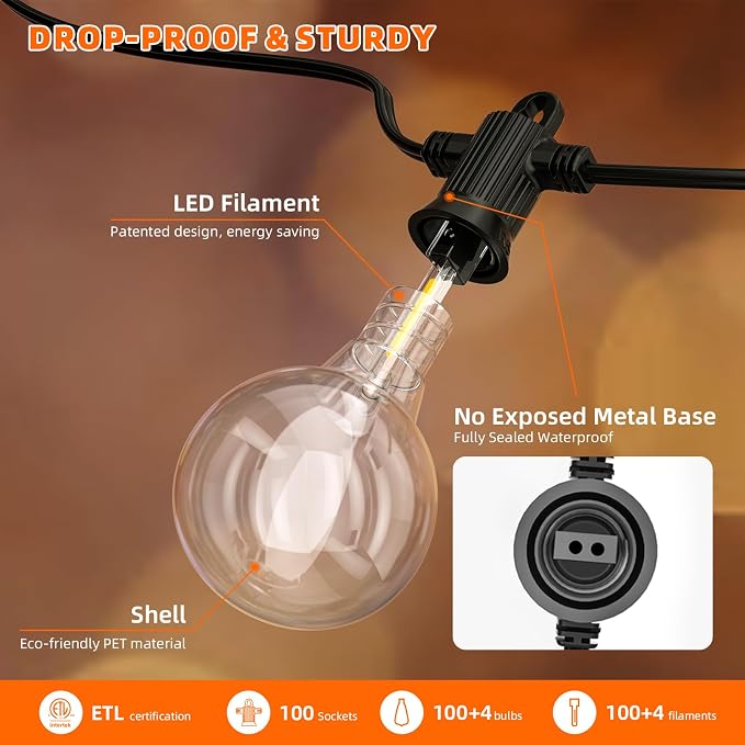 Kawaya G40 Outdoor String Lights 200FT IP65 Waterproof 2700K Patio Light | IP65 100+4 Shatterproof Edison Globe Blubs,2700K Warm White for Garden Porch Fence Camping Party Backyard Deck Bistro Balcony
