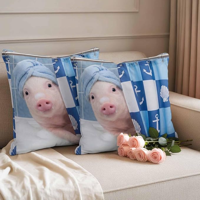Bathing Pig Waterproof Outdoor Pillow Covers Set of 2 Home Decor, Funny Animal Showering Pillowcase Patio Pillow Covers for Couch Bench Patio Furniture Garden 16x16in