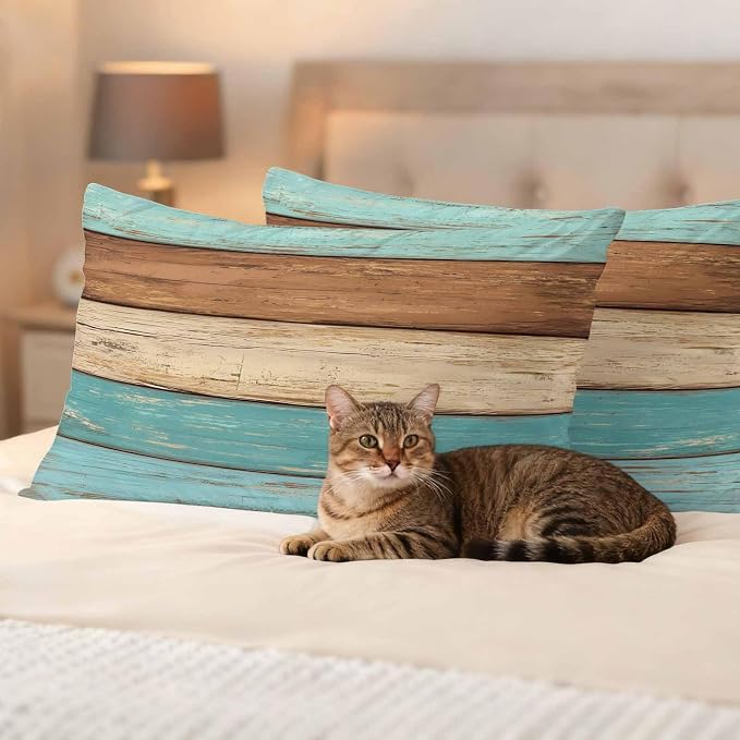 Farmhouse Aqua Brown Outdoor Waterproof Pillow Covers, Vintage Wooden Striped Decorative Rectangle Throw Pillowcase Sofa Cushion Sham for Patio/Couch/Chair, 20"x12" 2 Pack