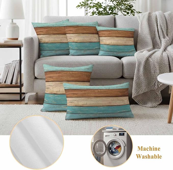 Farmhouse Aqua Brown Outdoor Waterproof Pillow Covers, Vintage Wooden Striped Decorative Square Throw Pillowcase Sofa Cushion Sham for Patio/Couch/Chair, 18"x18" 2 Pack