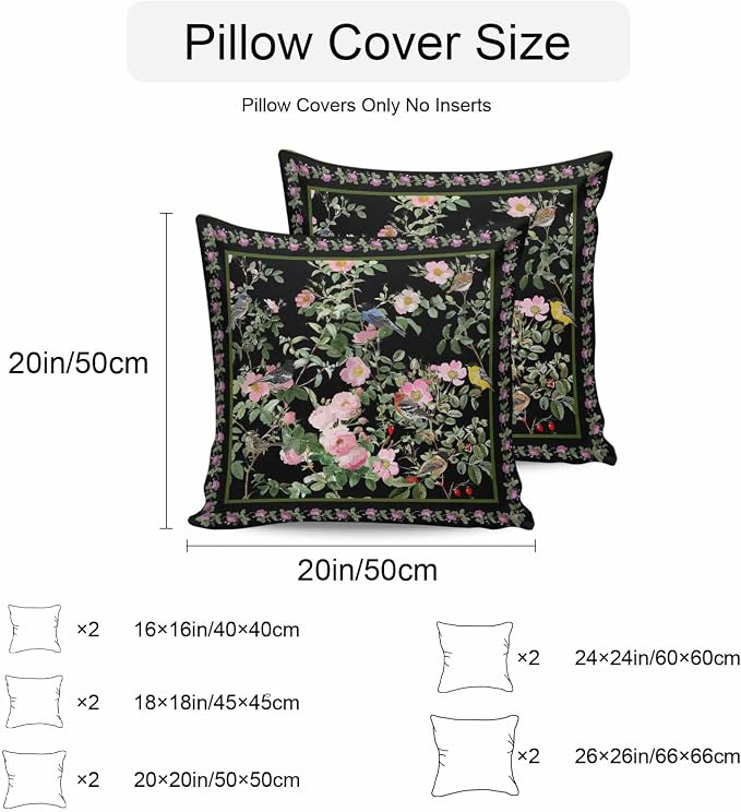 Vandarllin Outdoor Throw Pillows Covers 24x24 inch Set of 2 Waterproof Pink Floral Bird Decorative Zippered Cushion Covers for Patio Furniture, Green Leaves Branches Black Lumbar Pillowcases