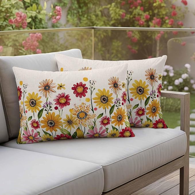 Yellow Red Spring Floral Outdoor Waterproof Throw Pillow Covers 20x12 Set of 2, Pastoral Summer Flower Rustic Decorative Pillowcases Cushion Pillowcase for Couch Sofa Patio Outside Pillow Protector