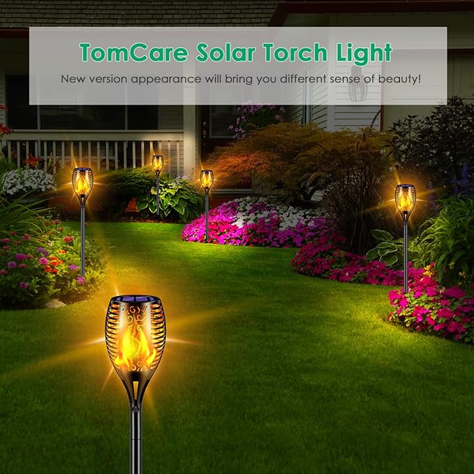 TomCare Flickering Flame Solar Torch Lights Outdoor, 43" Tall, 4 Pack | Realistic 99-LED Flame Effect, Charges in 6-8 Hours, 10-12-Hour Runtime, IP65 Waterproof, Auto On/Off for Yard, Patio, Garden