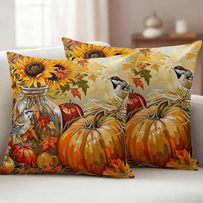 Fall Pumpkins Outdoor Pillow Covers 24x24 Inch Throw Pillow Covers Set of 2 Waterproof Decorative Pillow Cases Sunflowers Birds Thanksgiving Oil Painting Cushion Covers for Patio Furniture Garden