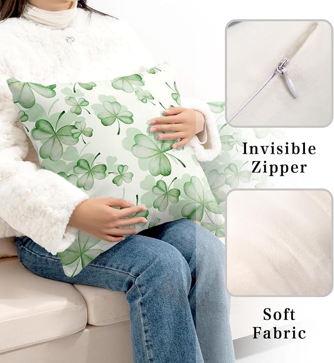 Spring Summer Green Flower Clover Pillow Cases St Patricks Pillow Covers 18x18 Set of 2 Lucky Charm Throw Pillow Covers St Patricks Home Decor for Couch Bed Sofa
