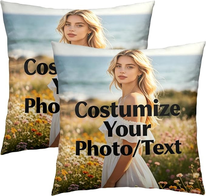Custom Design Photos or Text Throw Pillow Covers 22x22 Inch – Pack of 2 Personalized Pet Photo Cotton Hidden Zipper Pillowcases for Couch Sofa Bed Porch Farmhouse Home Decor