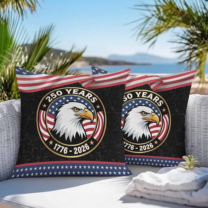 250 Year Anniversary Outdoor Waterproof Throw Pillow Covers 16x16 Set of 2, Independence Day Eagle USA Flag Decorative Pillowcases Cushion Pillowcase for Couch Sofa Patio Outside Pillow Protector