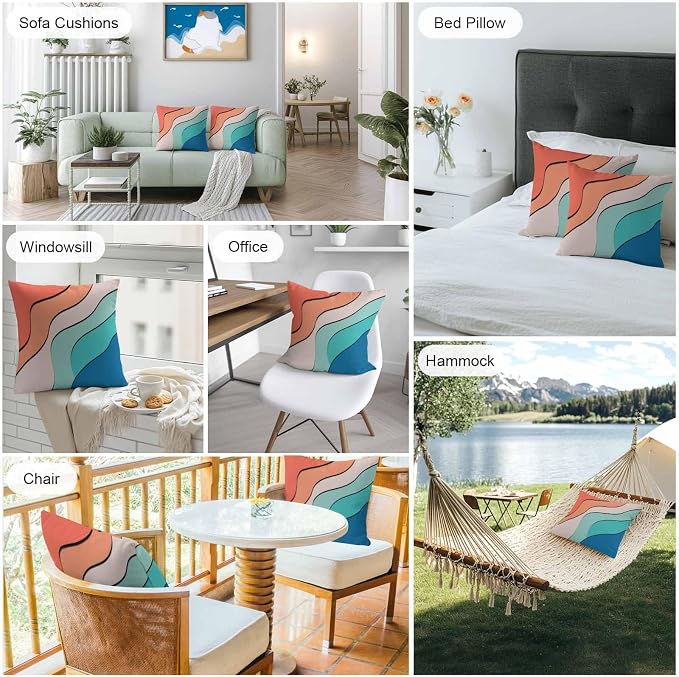 Orange Teal Ombre Outdoor Pillow Covers 16x16 Inch Throw Pillow Covers Set of 2 Waterproof Decorative Pillow Cases Modern Moire Abstract Art Cushion Covers for Patio Furniture Garden Couch Sofa
