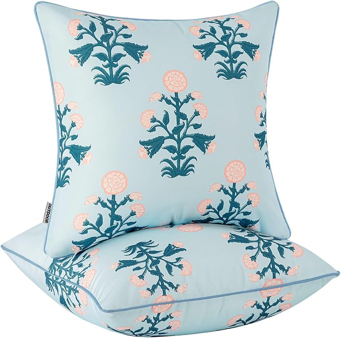 MIULEE Floral Outdoor Pillows Covers with Inserts 18x18 Blue Pink | Set of 2 Waterproof Decorative Throw Pillows with Piping,Vintage Fade Resistant, Patio Furniture Summer Garden Couch Sofa