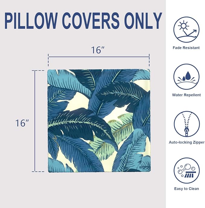 Outdoor 16x16 Inch Throw Pillow Covers Set of 2, All Weather Square Pillow Cases, Covers ONLY, Patio Cushion Pillow of Home Furniture Use, Swaying Palms Blue