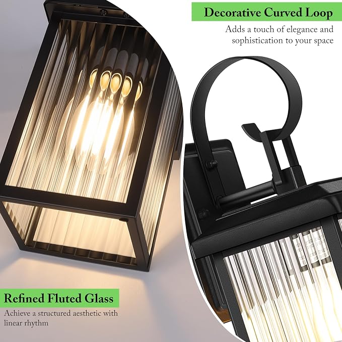 BesLowe 2-Pack Outdoor Wall Light Fixtures with Fluted Glass, Black | Waterproof, Rust-Resistant, Durable Metal, Standard E26 Socket, Easy to Install