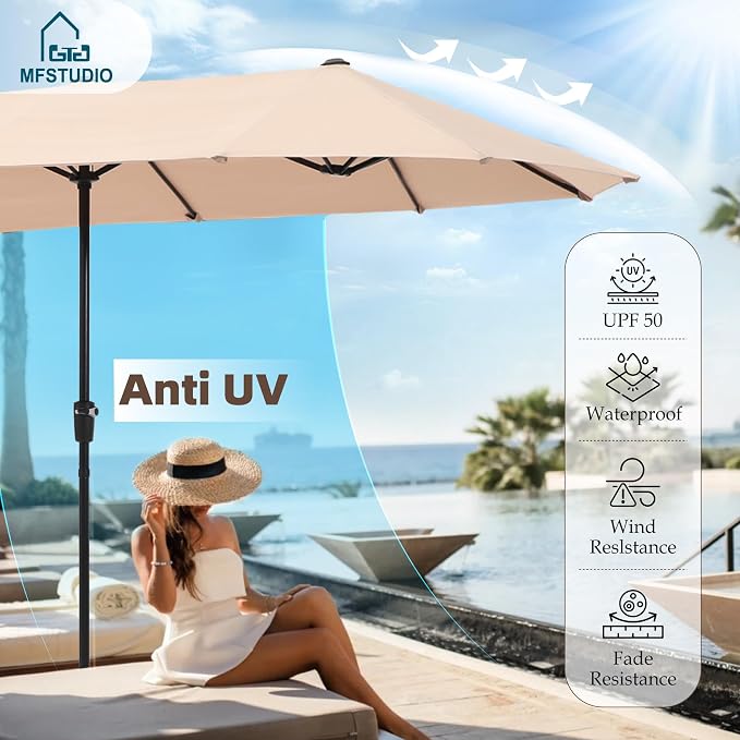 MFSTUDIO Outdoor Dining Set for 6, Patio Furniture Set with Beige Umbrella (Base not Included), Outdoor Metal Table and Light Grey Swivel Chairs Set for Patio, Deck, Backyard, Garden