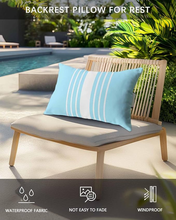 Pack of 4 Outdoor Lumbar Pillow Covers 12x20 Inch, Aqua White Stripe Waterproof Throw Pillow Covers Set, Modern Rustic Vertical Striped Indoor&Outdoor Decorative Cushion Cases for Patio Porch Beach