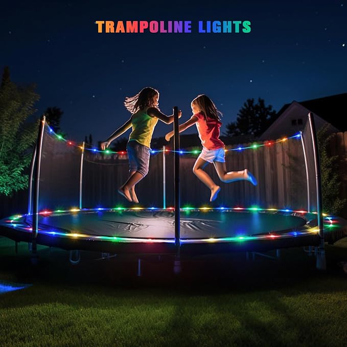 JMEXSUSS Trampoline Accessories 66ft 200 LED Trampoline Lights with 8 Modes | IP 65 Waterproof Solar Rope Lights Outdoor, Solar Patio Lights for Fence Garden Yard Backyard Tree Slide (Multicolor)