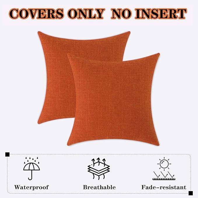 Kevin Textile Outdoor Waterproof 18”x18” Pillow Covers 2 Pack, Dark Orange | Water Resistant, Soft Faux Linen-cotton Yarn-dyed Woven Texture Throw Pillow Covers for Tent Patio Garden Couch Sofa
