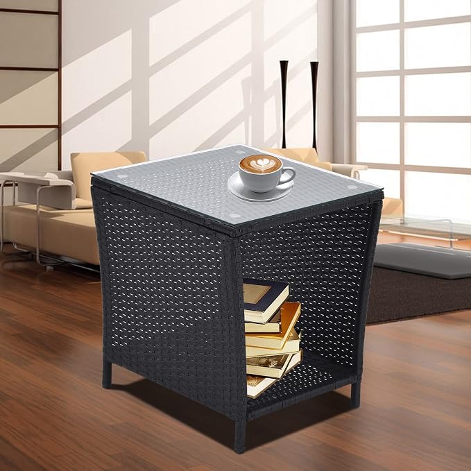 Patio Wicker Storage Side Table,Outdoor PE Rattan Woven Coffee End Table with Tempered Glass Top for Indoor Outdoor Porch Lawn Poolside Garden Backyard Balcony(Black)