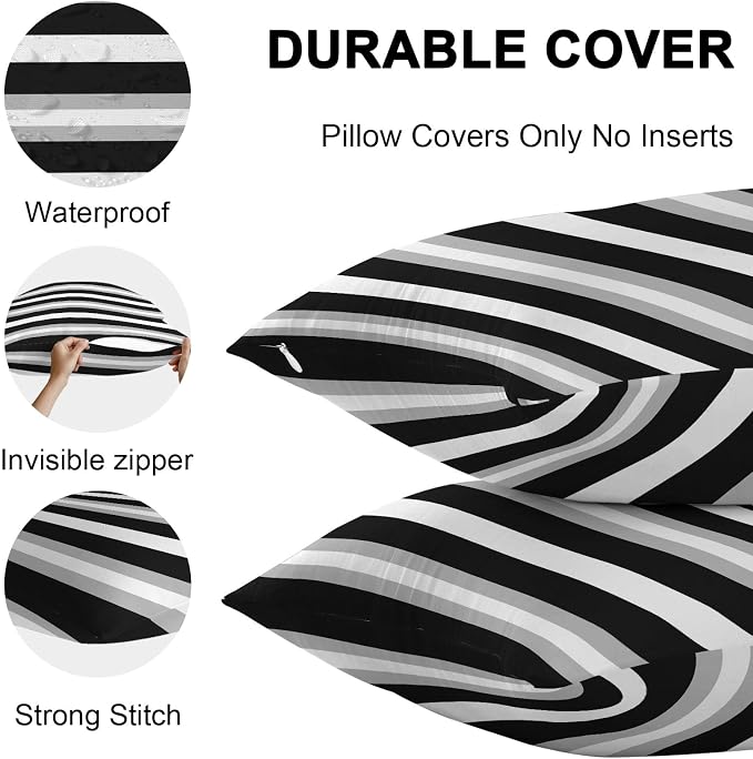 Black Grey Stripe Outdoor Pillow Covers Waterproof, All Weather Cushion Case Set of 2, Minimalist Farmhouse Striped Decorative Pillowcases for Sofa Couch Bed Decor Patio Furniture 16"x16"