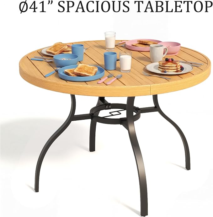 41” Patio Outdoor Dining Table, Wood-Grain Patio Round Table with Umbrella Hole, All-Weather Metal Dining Table for Party, Lawn & Garden