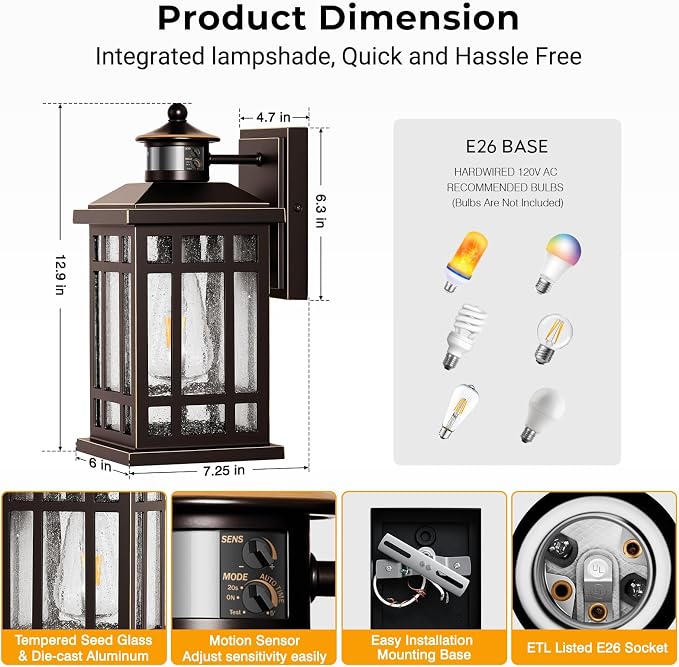Outside Lights for House with Motion Sensor, ORB Exterior Lighting Fixtures, Dusk to Dawn Outdoor Wall Lights Lantern, Outside Light Fixture Sconce for Patio, Garage, Waterproof Anti-Rust