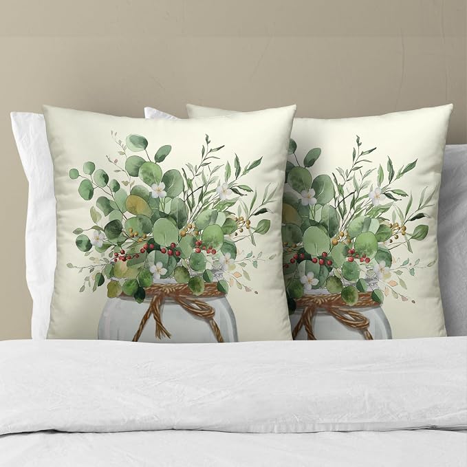Eucalyptus Leaves Throw Pillow Covers 16x16, 2Pcs Green Leaf Plant Floral Mason Jar Decorative Pillow Cases Soft Cotton Square Cushion Cover for Bed Sofa Spring Season Home Decor